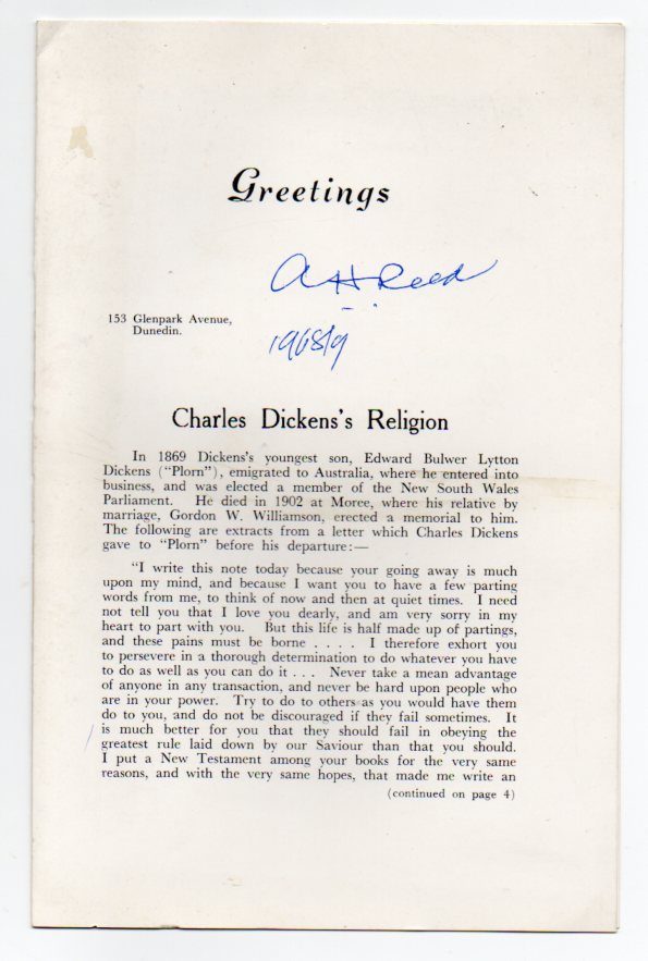 Image for Greetings - Charles Dicken's Religion