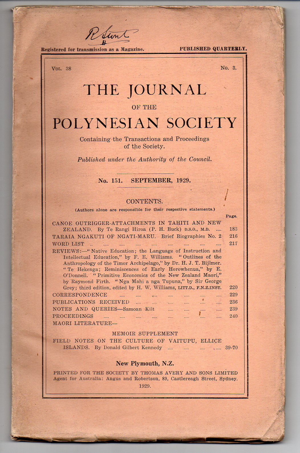 Image for The Journal of the Polynesian Society. No. 151. September, 1929 - Vol. 38, No. 3.
