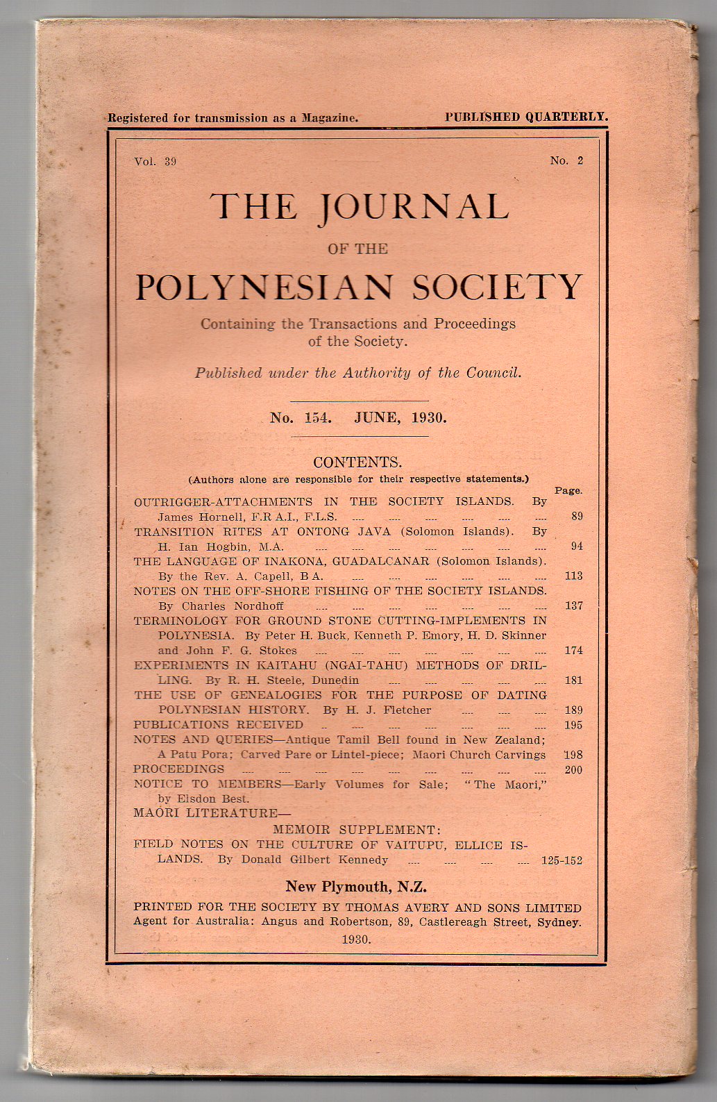 Image for The Journal of the Polynesian Society. No. 154. June, 1930 - Vol. 39, No. 2.