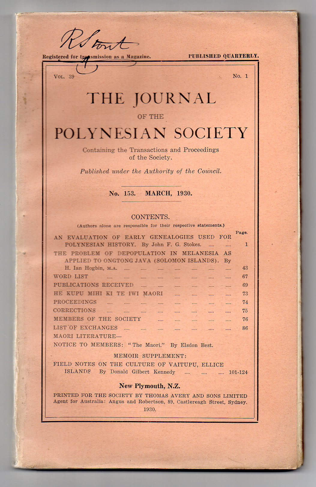 Image for The Journal of the Polynesian Society. No. 153. March, 1930 - Vol. 39, No. 1.