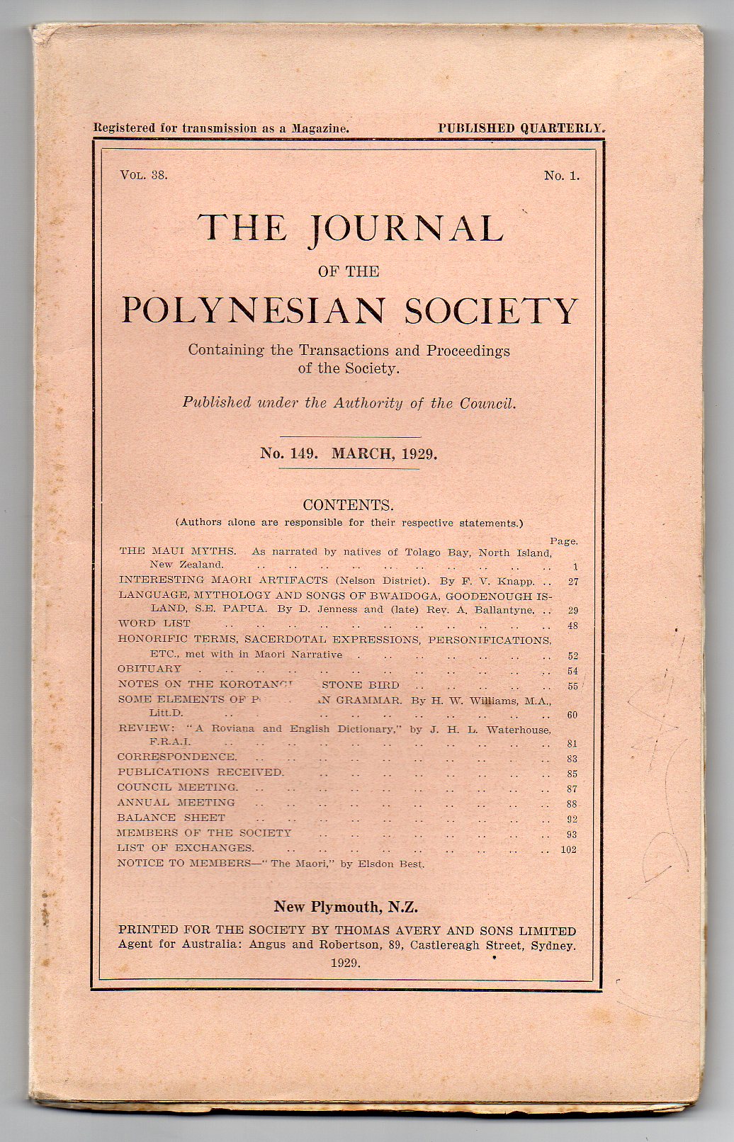 Image for The Journal of the Polynesian Society. No. 149. March, 1929 - Vol. 38, No. 1.